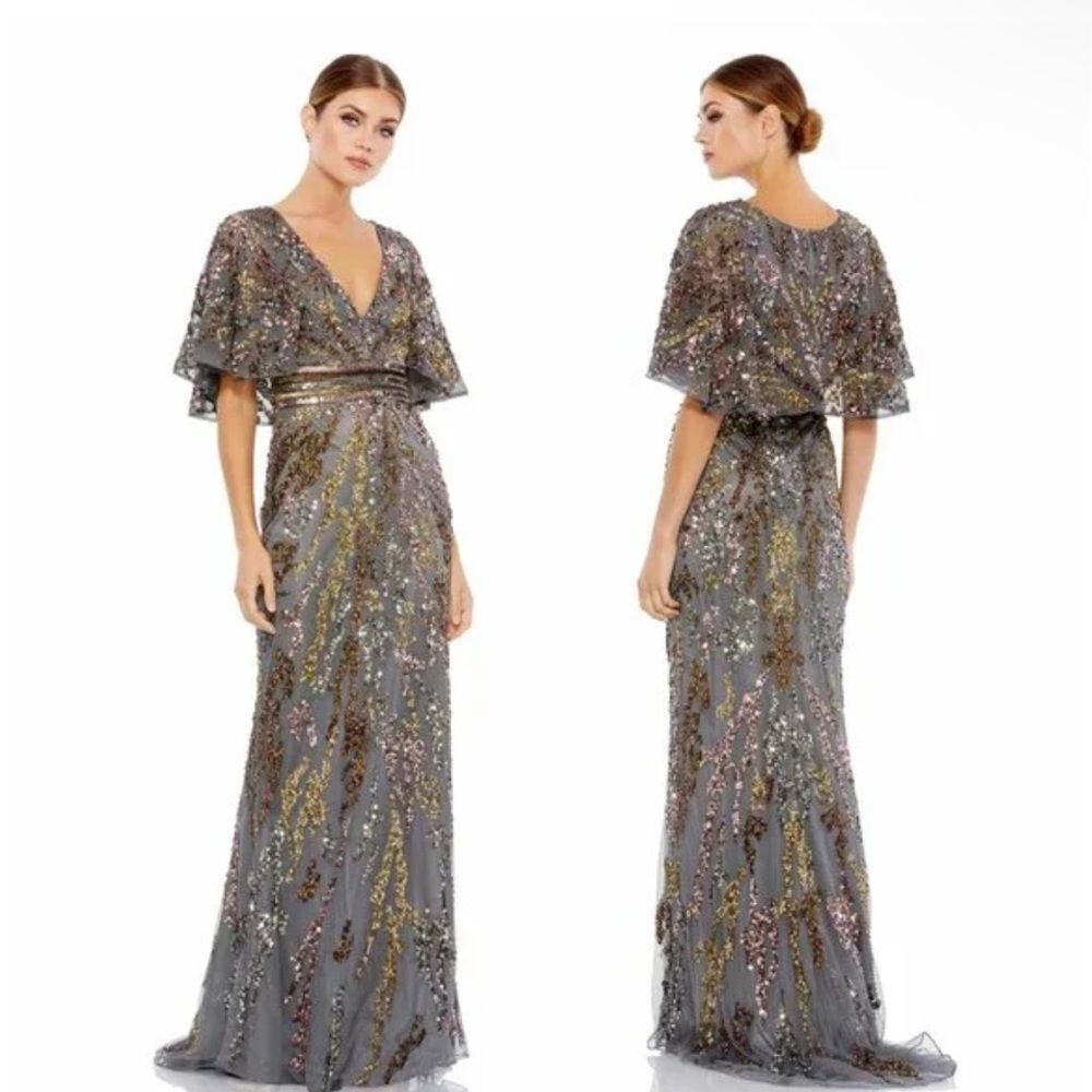 Mac Duggal 5439 Short Cape Flutter Sleeve Sequined Gown in Charcoal, Size 4